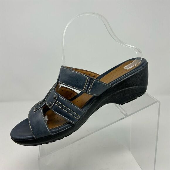 Clarks Unstructured Women's Blue Leather Slip On Wedge Sandals Size 9.5 Comfort - Picture 3 of 12